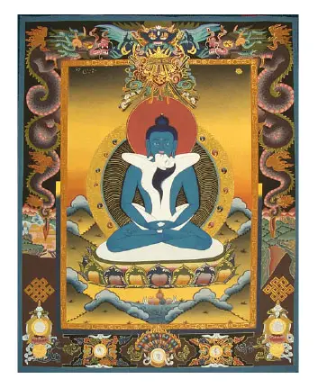 The primordial Dharmakaya Buddha, Samantabhadra, depicts the
 subtle body union that results in Buddhahood