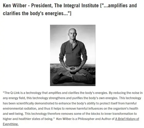 Ken Wilber's endorsement of the Q-Link as shown on shopq-link.com